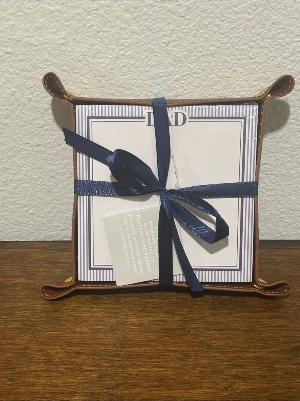 Monogrammed Dad Notepad with Faux Leather Catchall Tray with Navy Ribbon